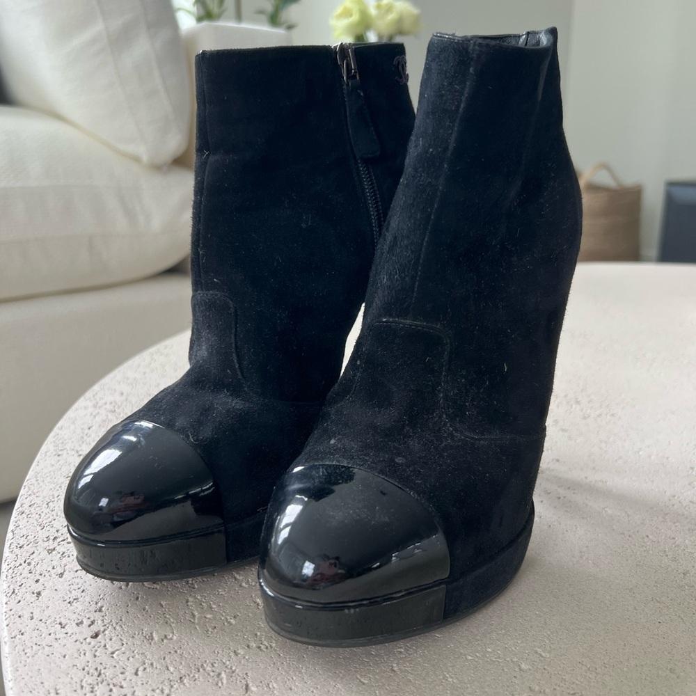 CHANEL Black Suede Ankle Booties